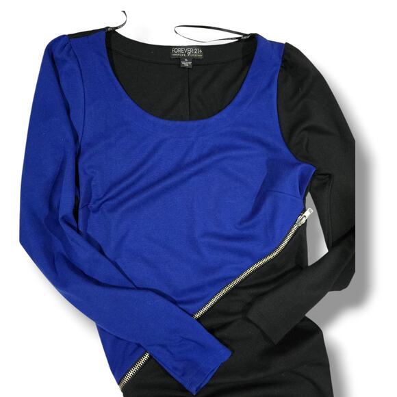 Forever 21+ Blue & Black Colorblock Dress Women’s XL | Long Sleeve Zip accent - Picture 4 of 9